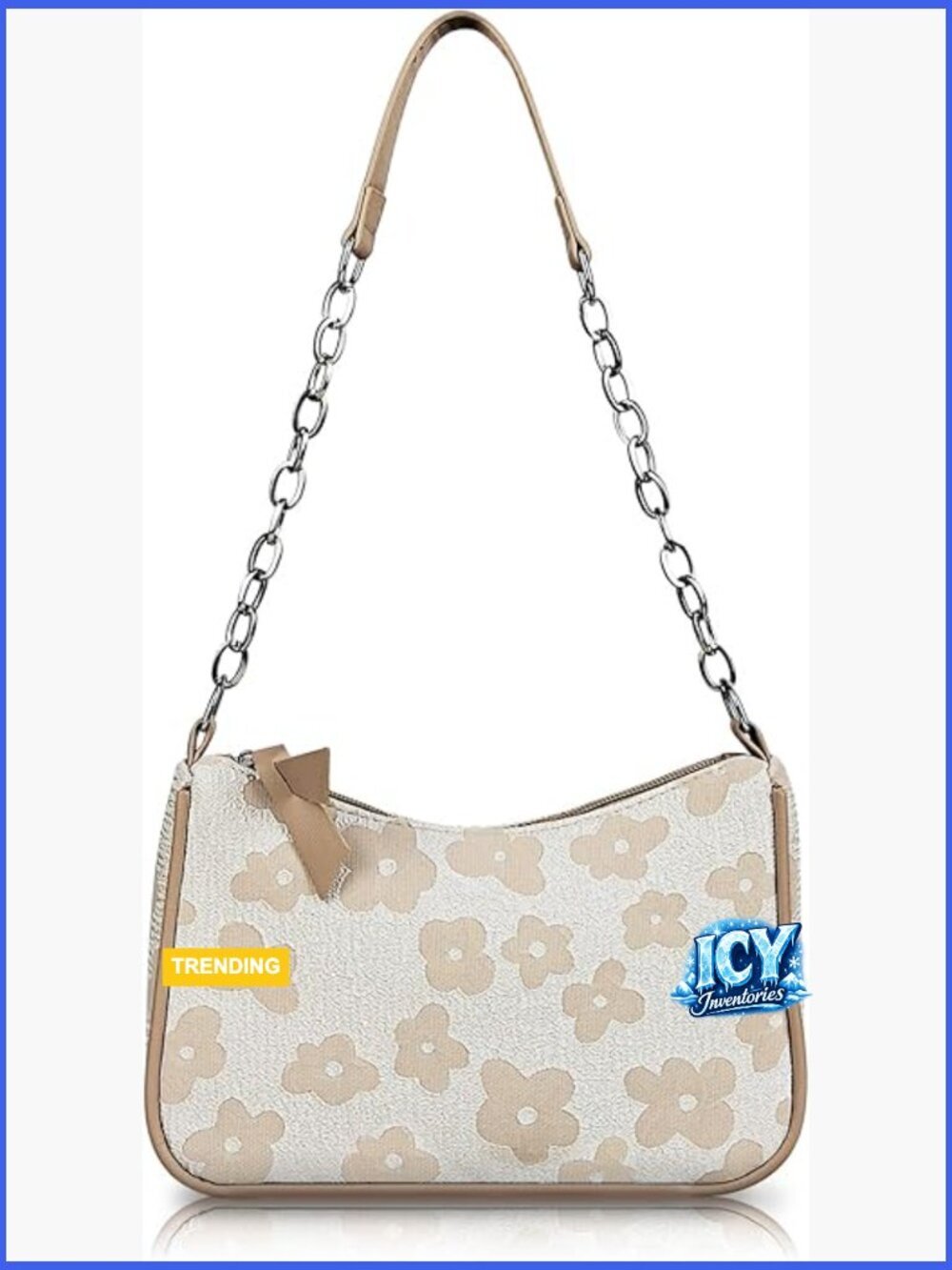 Floral Embroidery Shoulder Bag with PU Leather Trim